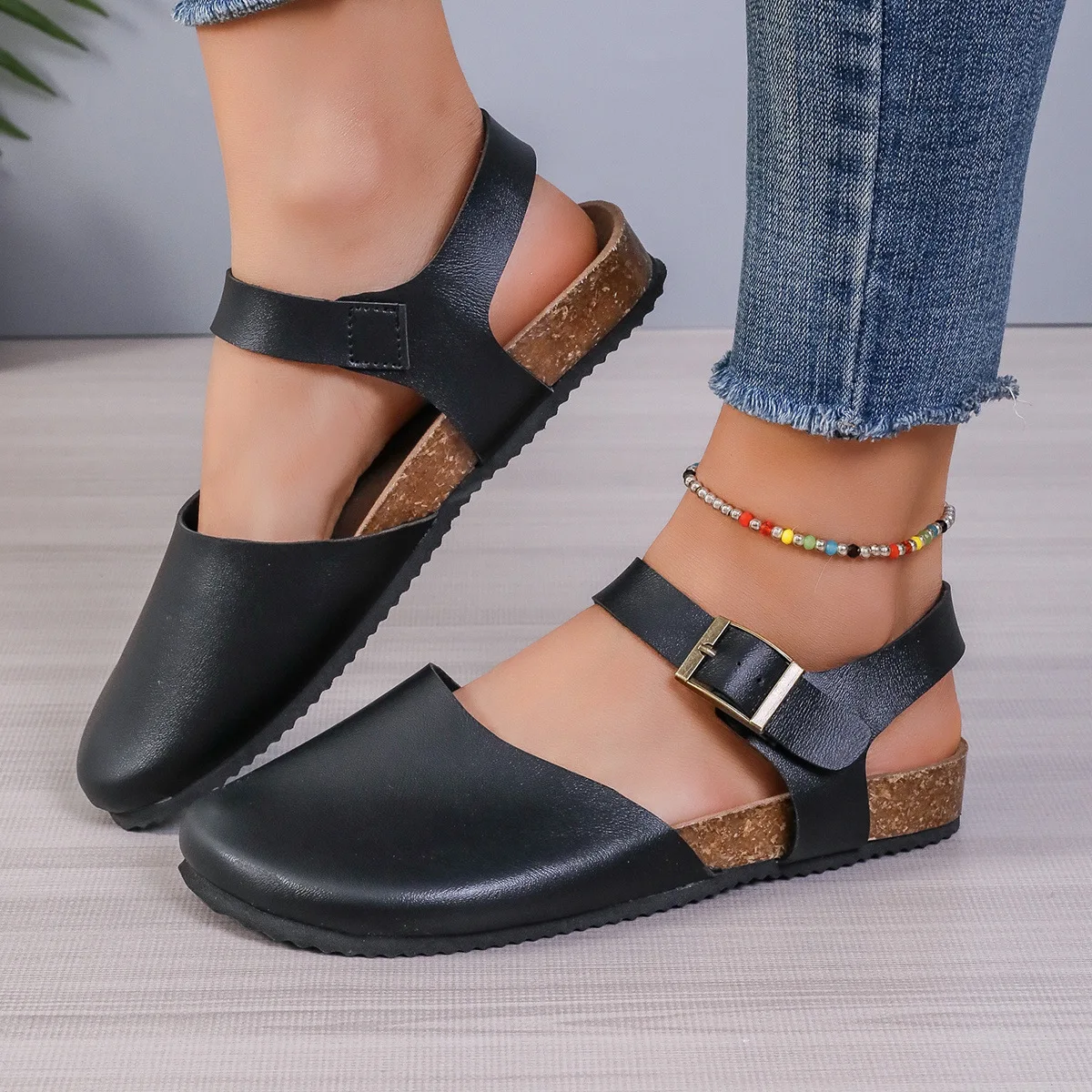 Baotou Cork Sandals Women\'s Summer Shoes Round Toe Flat Back Buckle Casual Female Shoes Solid Sandales Femmes Beach Sandalias