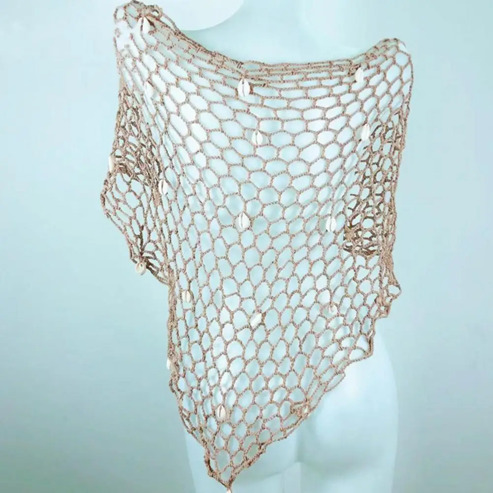 Chal adornado con lentejuelas, chal de playa adornado con concha de lentejuelas, Bikini de rejilla hueca, ropa de playa de verano para mujer