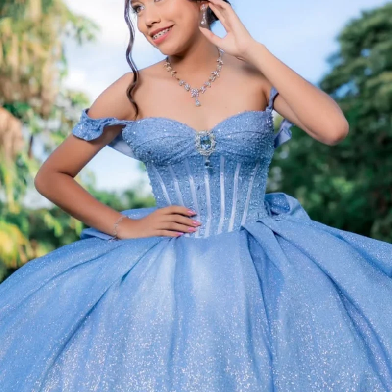 

Shiny sky blue Quinceanera Dress off-shoulder glitter Lace decal Long tail Bow vestidos de 15 Quinceanera ﻿Customize