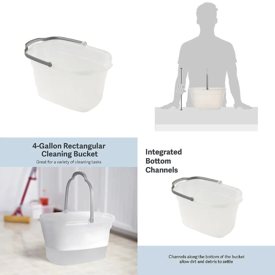 

Cleaning Bucket Rectangular for Mopping or Storage with Handle and Built-In Pour Spouts, 4-Gallon, Clear