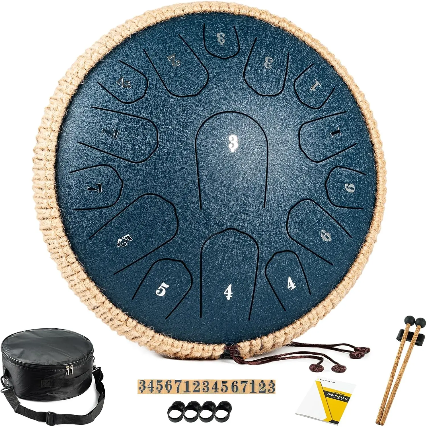 

15 Note Steel Tongue Drum - 13 Inches Handpan with Music Book, Mallets & Carry Bag, D Major Navy Blue