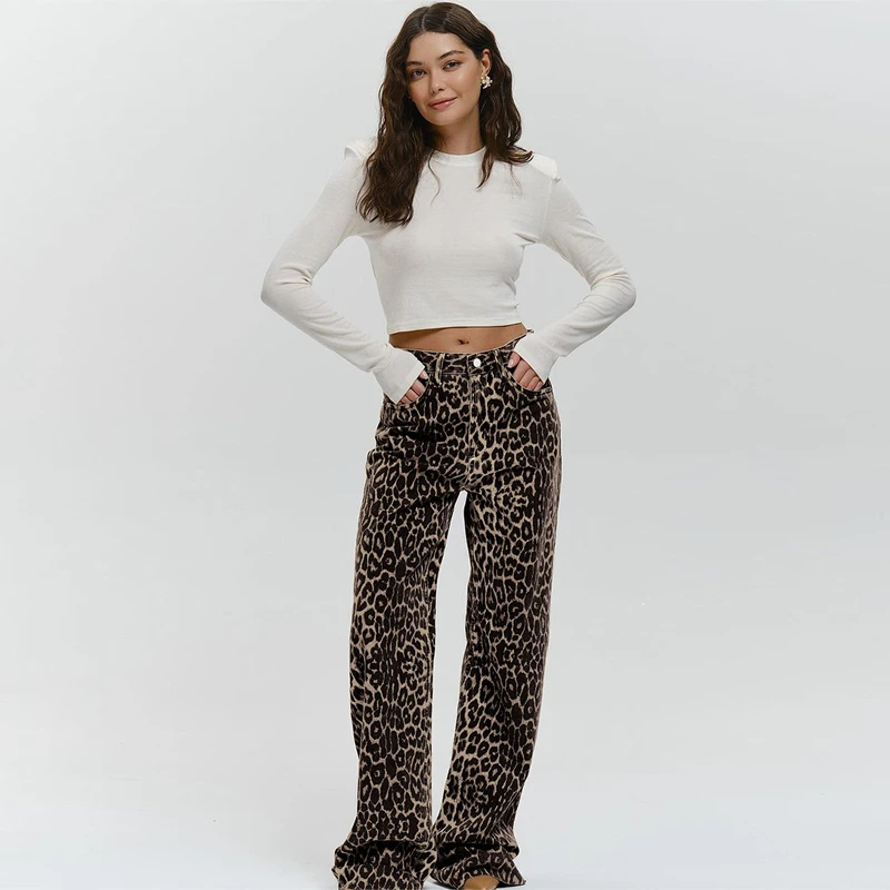 DGLUKE New In Leopard Jeans Woman High Waist Straight Cottonn Denim Pants Y2K Vintage Trousers Streetwear Women