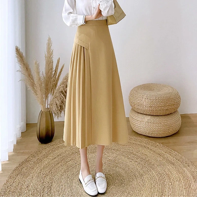 High Waist Midi Skirts Womens Summer New Korean Streetwear All-match Solid Color Ladies A-line Asymmetry Pleated Skirts Mujer
