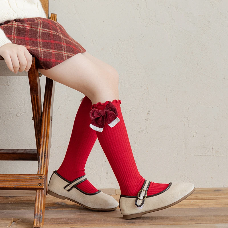Sweet Girls Casual Long Calf Socks Spring Fall Unique Contrast‑Shade Craft Adorned With Crimped Bows Ruffle Trims Flexible Socks