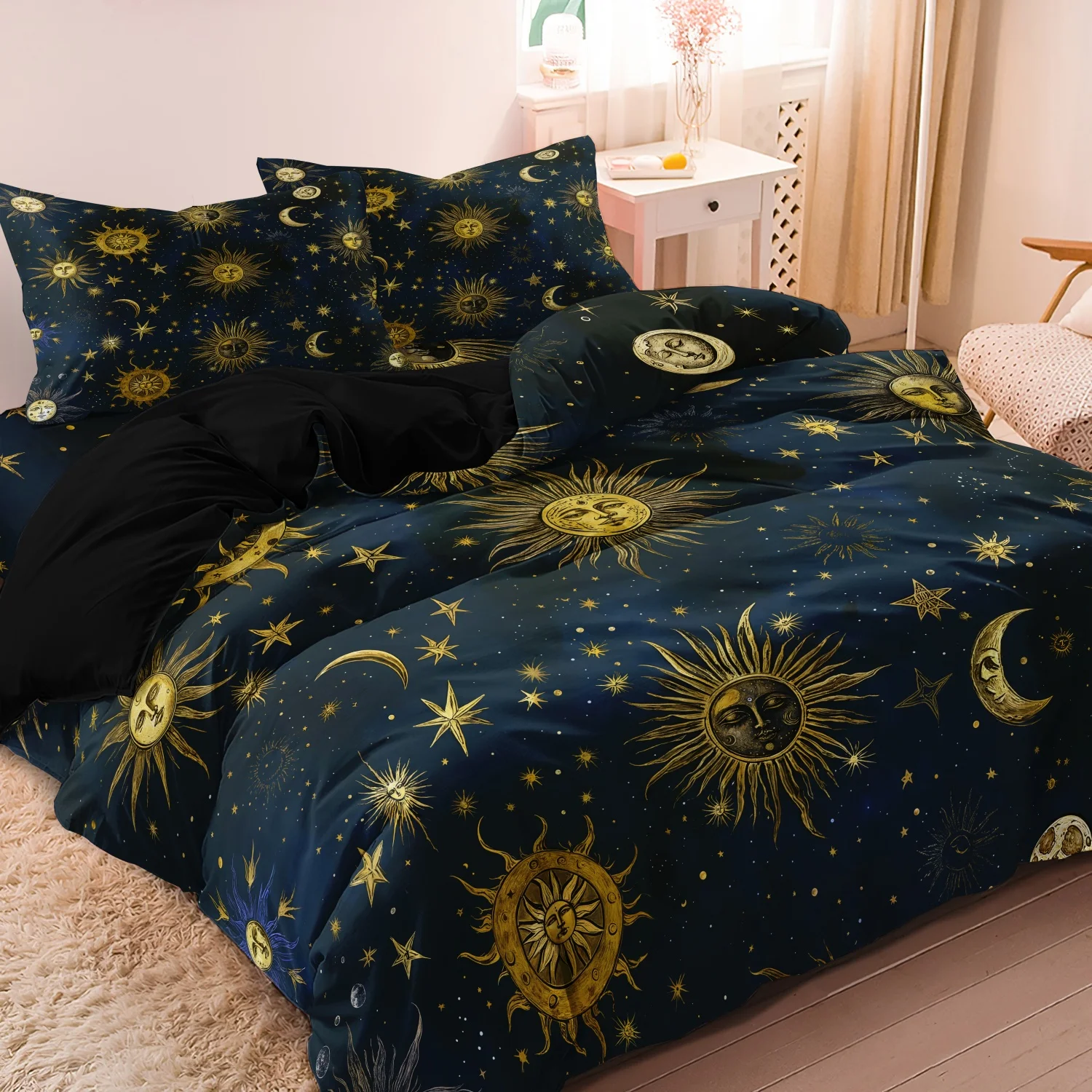 3pcs Set Sun & Moon Pattern Duvet Cover Set, Including 1 Duvet Cover & 2 Pillowcases Without Filler, Soft Comfortable Bedding