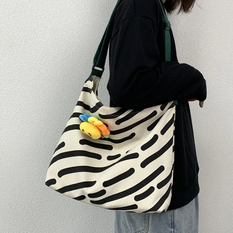 Bolsa de ombro feminina, estampa com listras zebra, bolsa casual feminina, sacola de grande capacidade, reutilizável, algodão, praia, compras