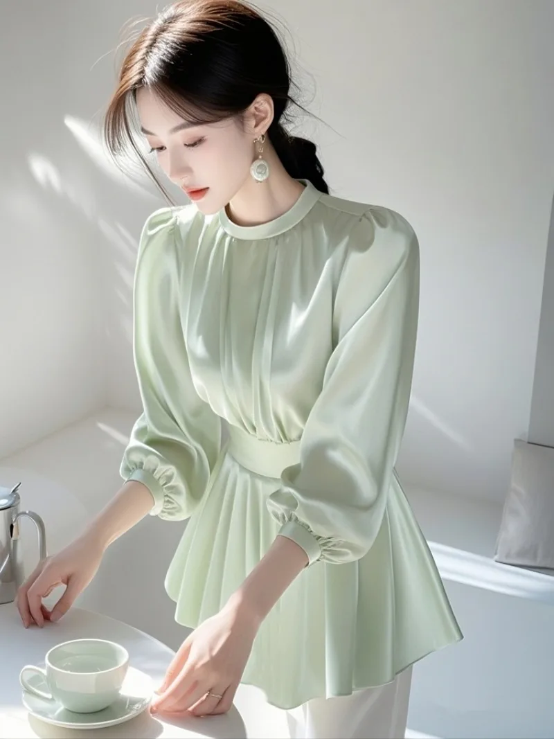 New Luxury French Autumn Blouse Women Fashion High End Office Lady Slim Waist Fold O-neck Half Sleeve Solid Color Top Shirt