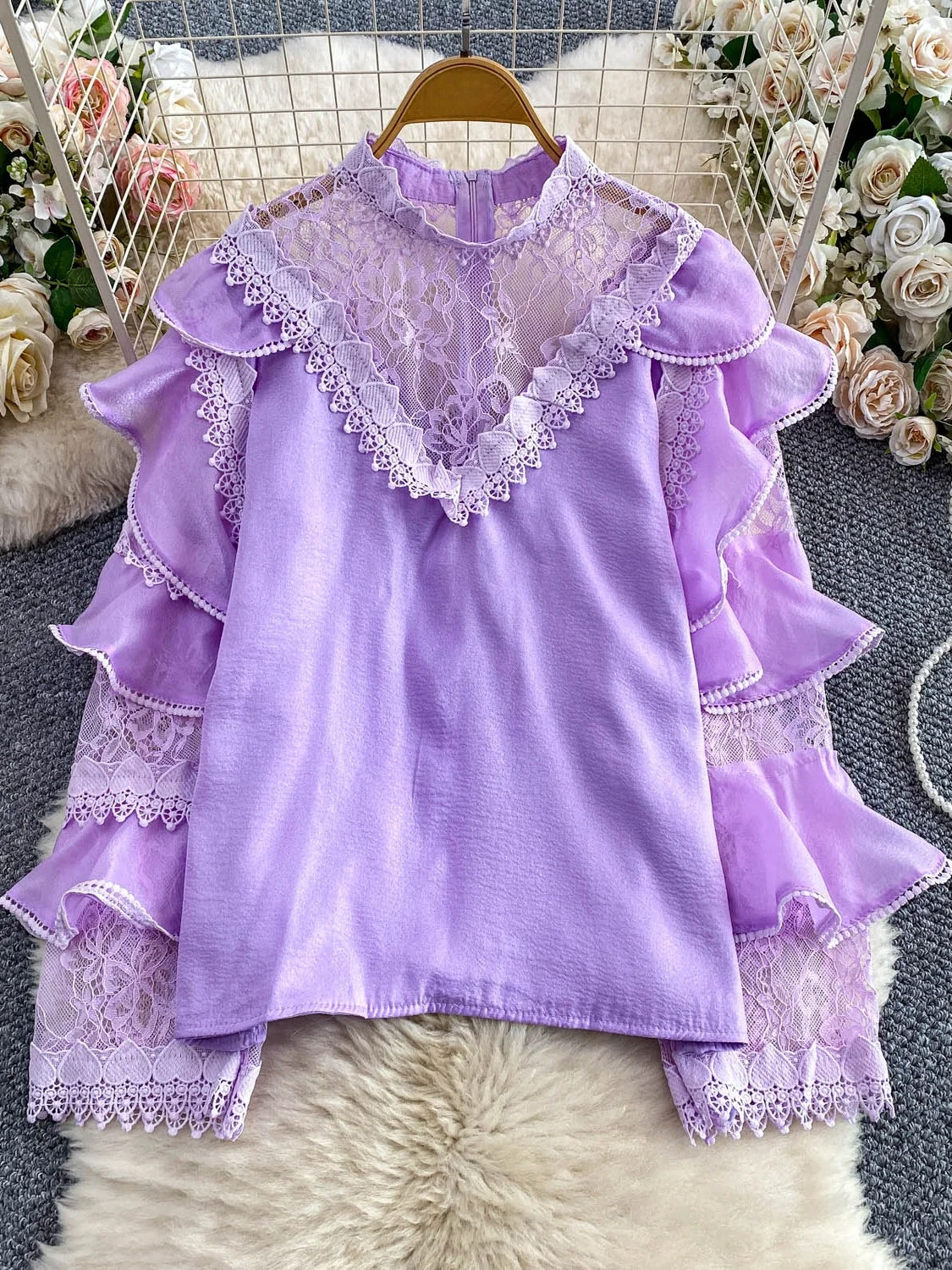 Retro Ele Court Sle Renda Emenda Chiffon redondo Ne Long Sve irt Mulheres Anti Envelhecimento Em Camadas Top Commute Coreano Loos...