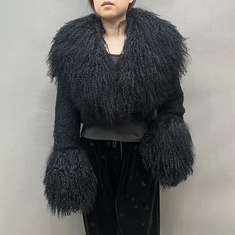 Lady Luxury Winter Thick Warm Mongolian Sheep Fur Collar and Cuffs Natural Fur Coats Women Stand Collar Crop Jacket