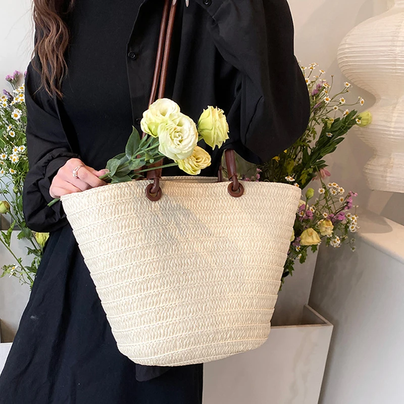 Casual Large Capacity Straw Basket Bag Handmade Women Shoulder Bags Weave Summer Beach Bandbags Big Tote Bali Shopper Purses