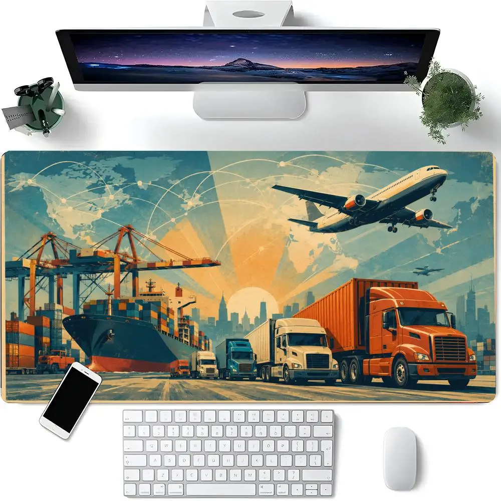 Global Logistics Freight Ship Truck Airplane World Map Gaming Mouse Pad, Stitched Anti-Slip Rubber Office Desk Mat