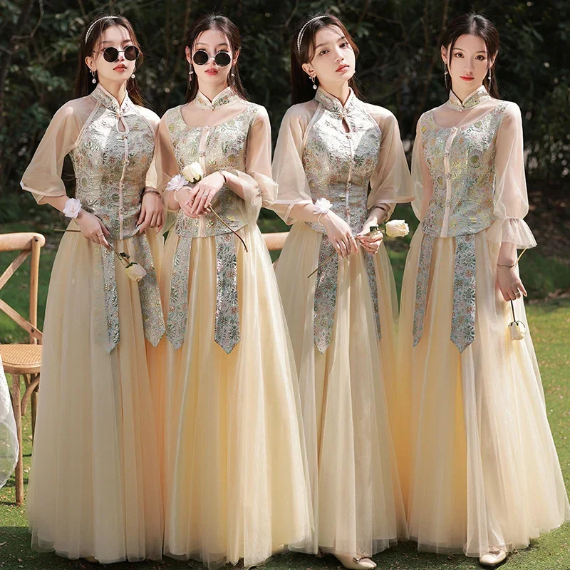 Vintage Button Bridesmaid Wedidng Dress New Chinese Style Cheongsam Vestidso Women Elegant Collar Embroidered Cheongsams