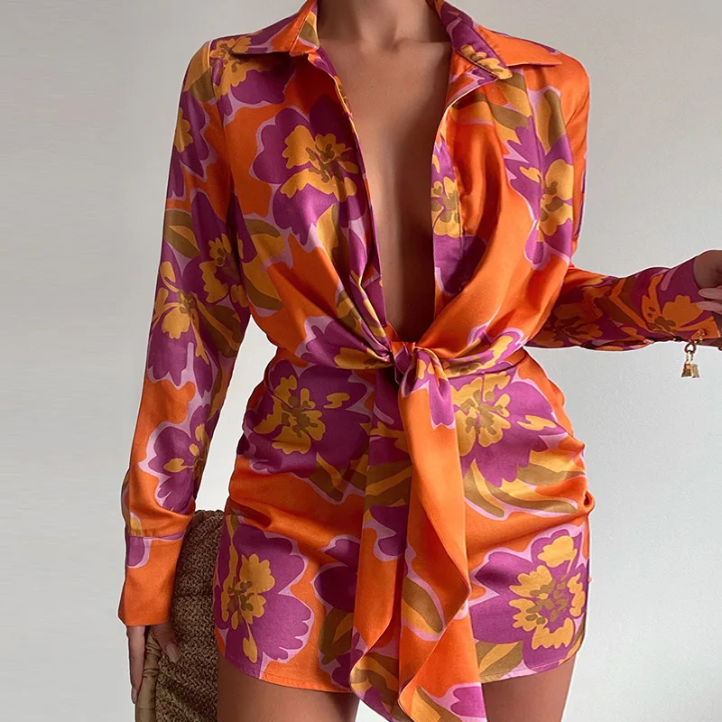 Bodycon 파티 드레스 캐주얼 긴 소매 턴 다운 칼라 벨트 보헤미안 휴가 드레스 INS 여성 우아한 패션 여름 인쇄