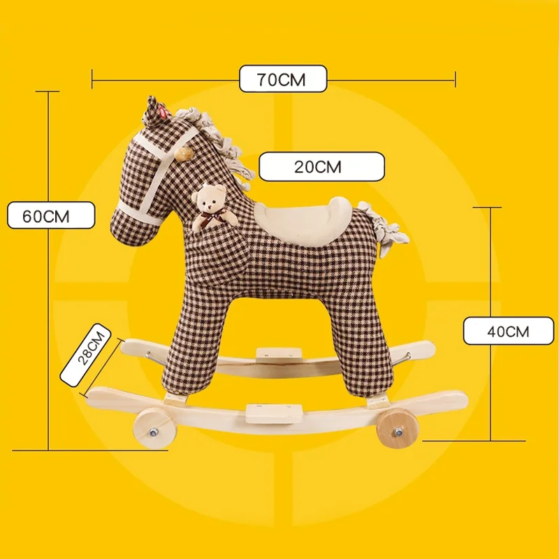 2 In 1 Children\'s Wooden Plaid Rocking Horse Stroller Music Balance Chair with Wheels Baby Toy Baby Birthday Gift