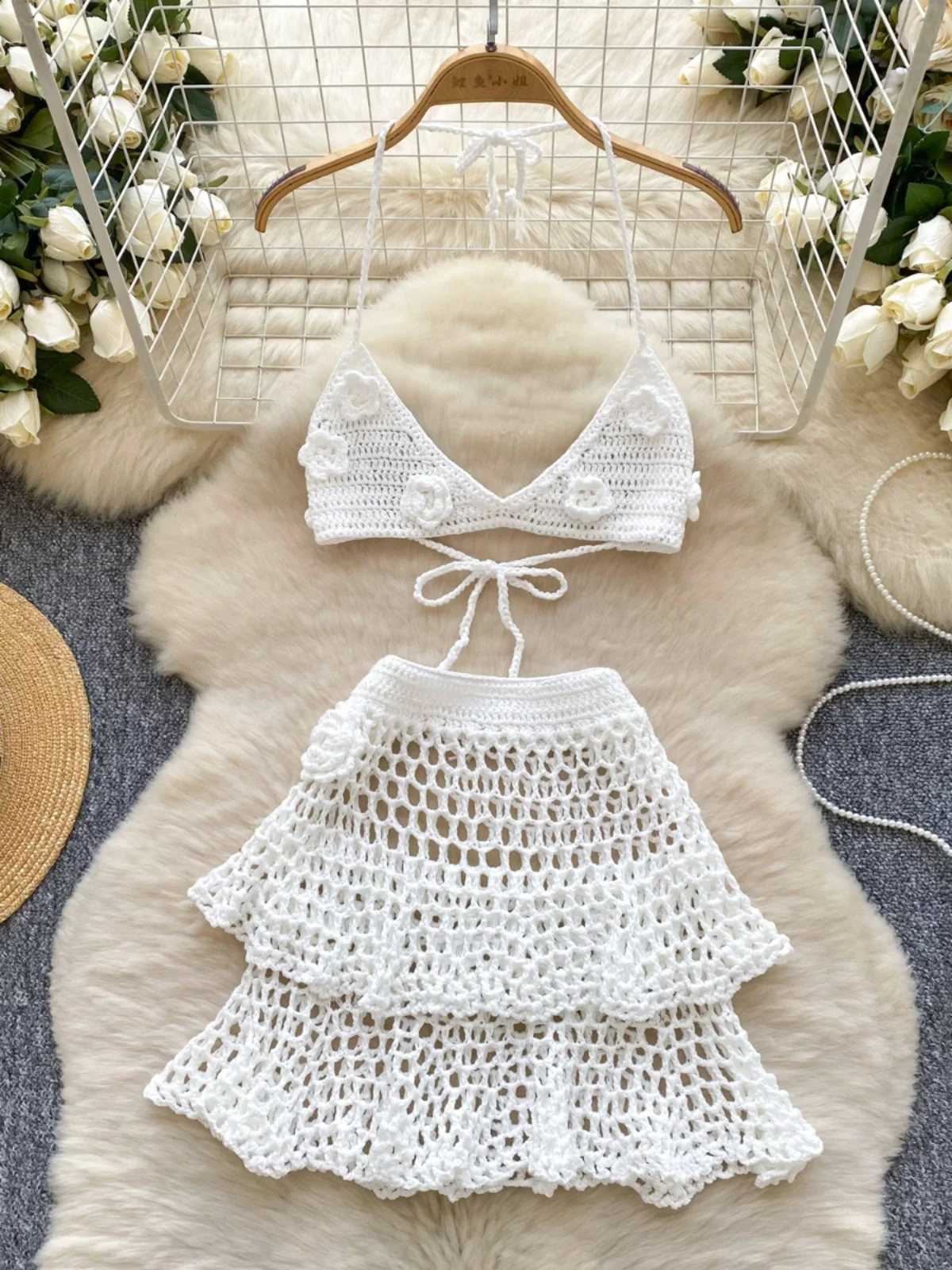 Spring Break Vacation Wear Women's Sexy Spicy Girl 3D Flower Strap Vest Hollow Knitted Half Skirt Beach Skirt Fashion Set
