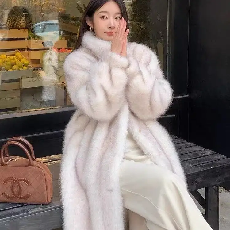 مصمم السيدات منتصف طول معطف الفراء ملابس خارجية عصرية عصرية المليونير معركة درع نمط المرأة معطف طويل #4