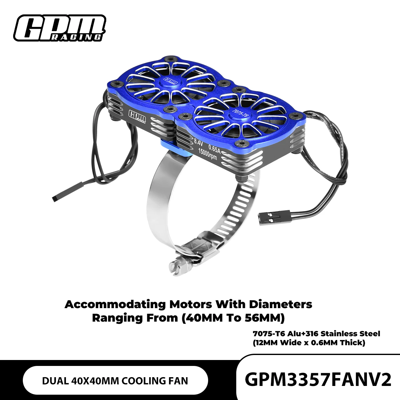 GPM 7075-T6 ALLOY+316 STAINLESS STEEL DUAL 40X40MM COOLING FAN Adjustable FOR 40-56 SERIES MOTOR