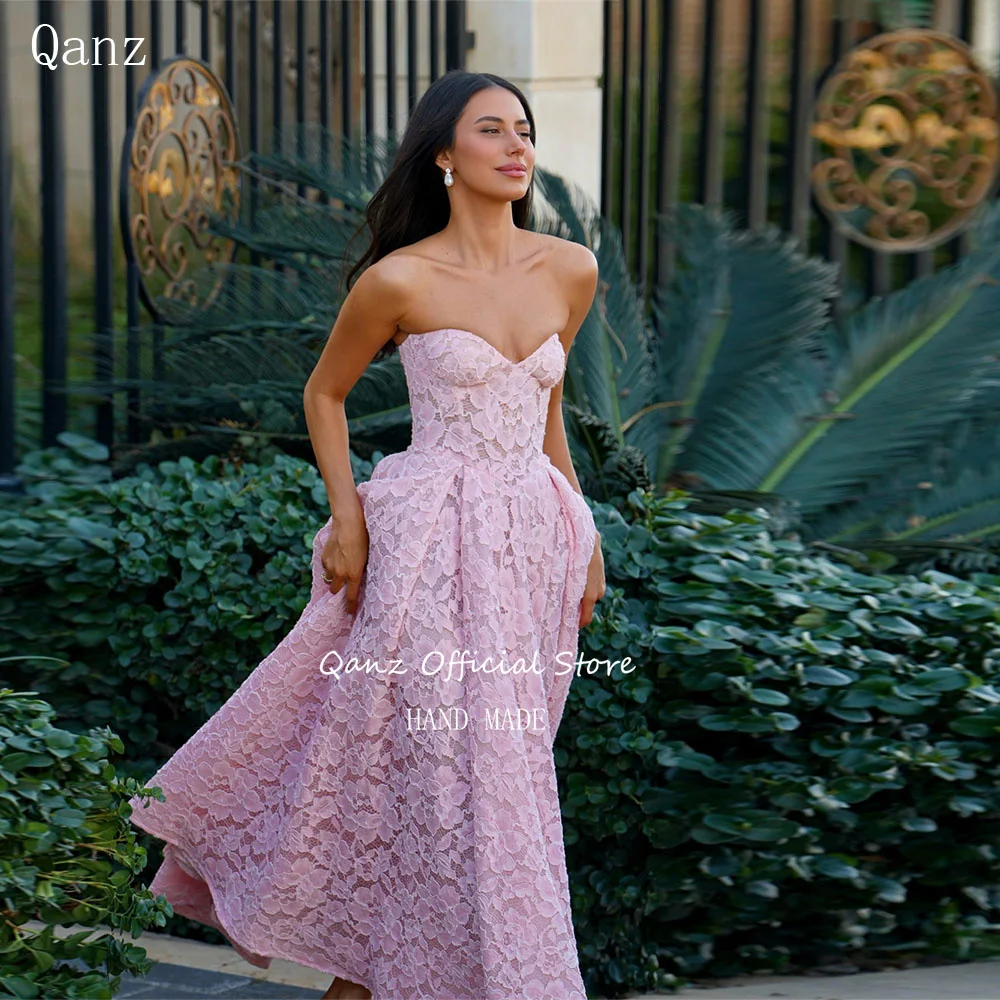 

Qanz Princess Pink Lace Prom Dresses Sweetheart Backless Evening Dress Ankle Length Vestidos De Fiesta Elegantes Customized