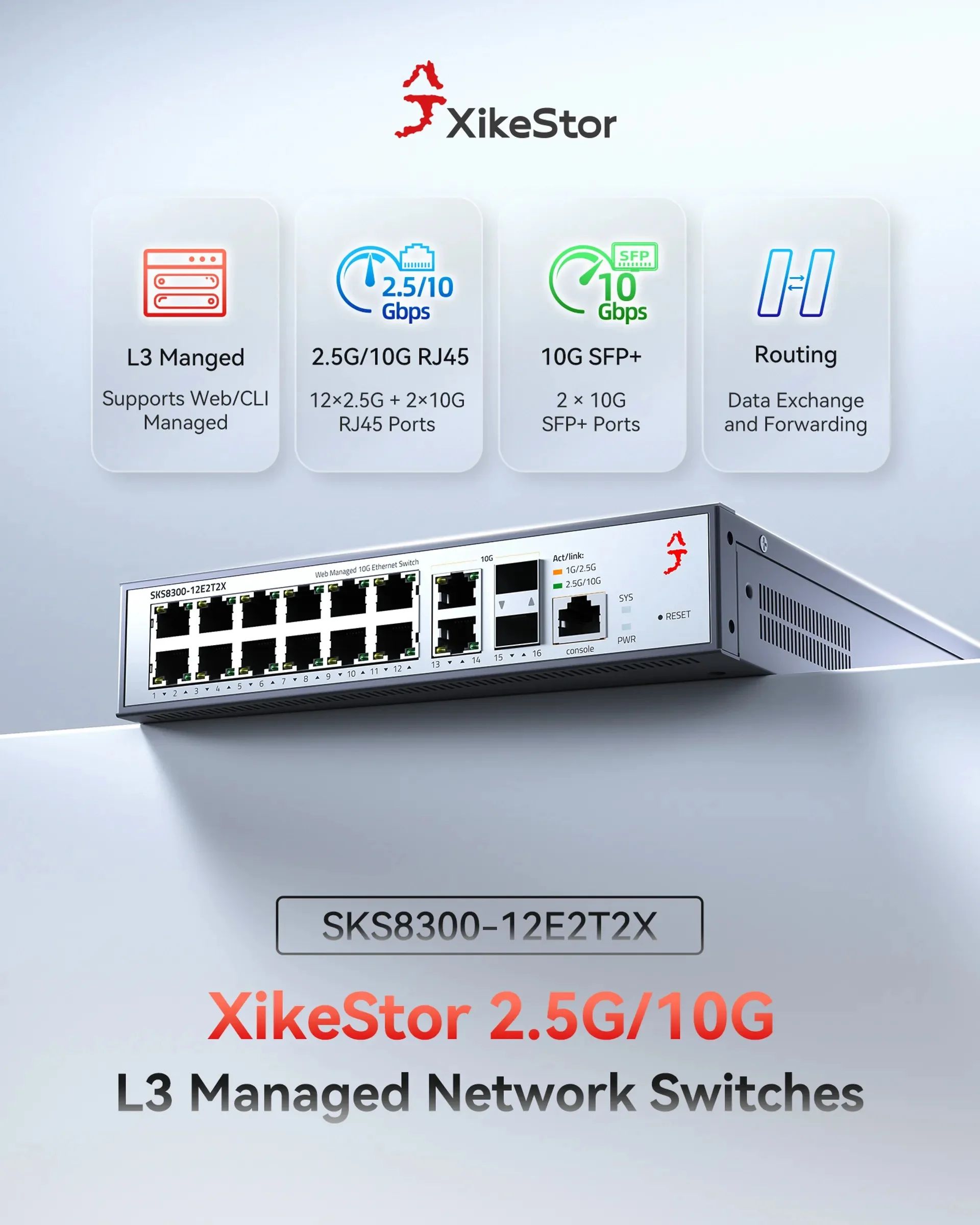 Switch Gerenciado de Camada 3 Xikestor SKS8300-12E2T2X com 16 Portas, 12×2.5G RJ45 + 2×10G RJ45 + 2×10G SFP+, Switch Ethernet de Fibra para Empresas