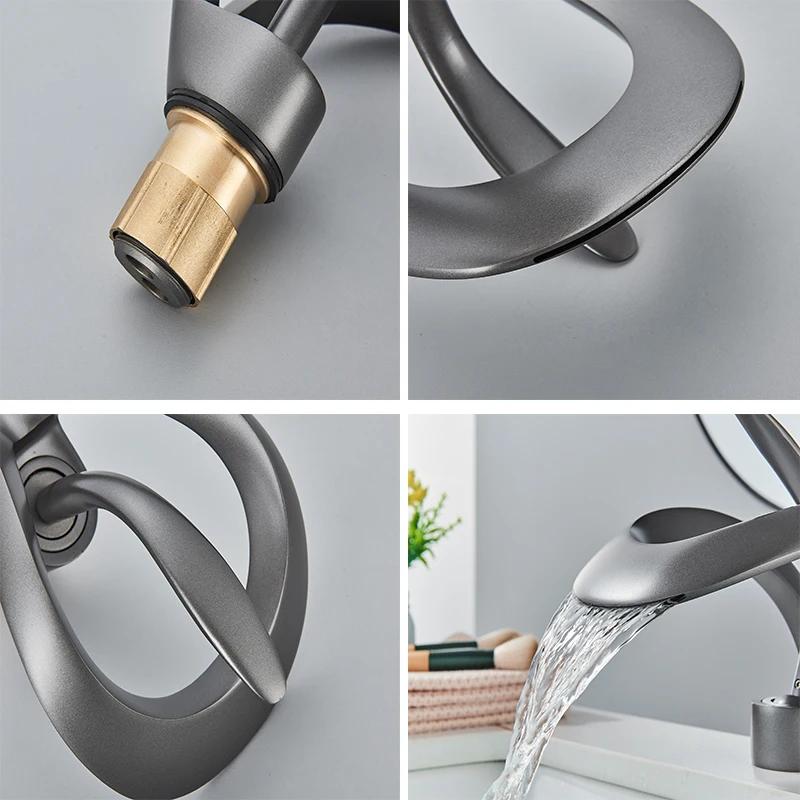 Black Bathroom Basin Taps Single Handle Waterfall Faucet Solid Brass Basin Mixer Taps Creative Hollowed Out Design Water Tap