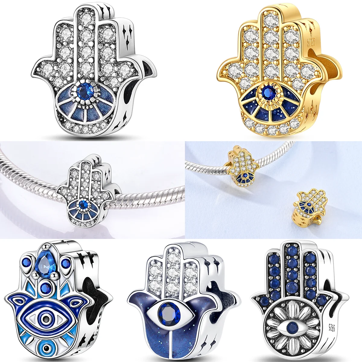 

925 Sterling Silver Palm Charms Bead CZ Zircon Devil's Eye Dangle Fit Original Bracelet DIY Jewelry Gift