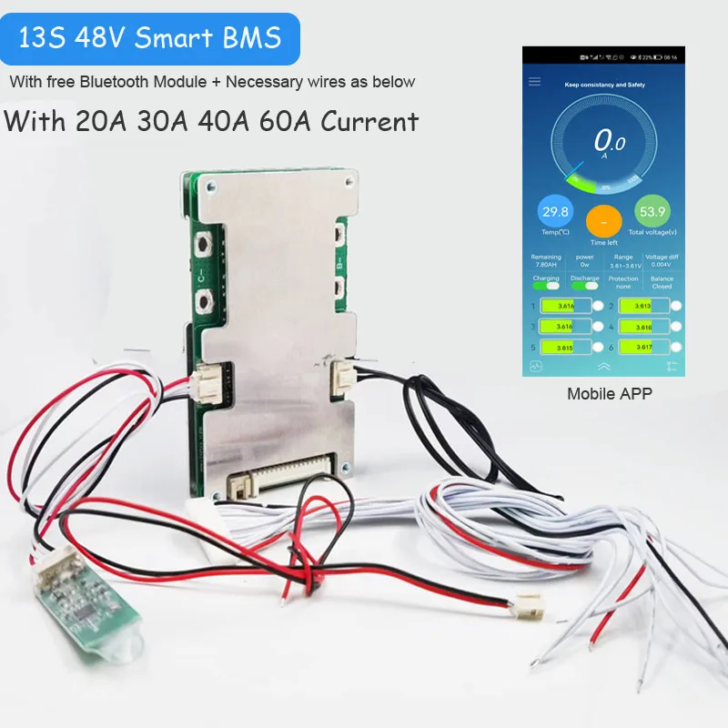 13S 48V  li ion Smart Bluetooth BMS with 20 to 60A constant current 54.6V Software PCB board for e-bike battery or Power Battery