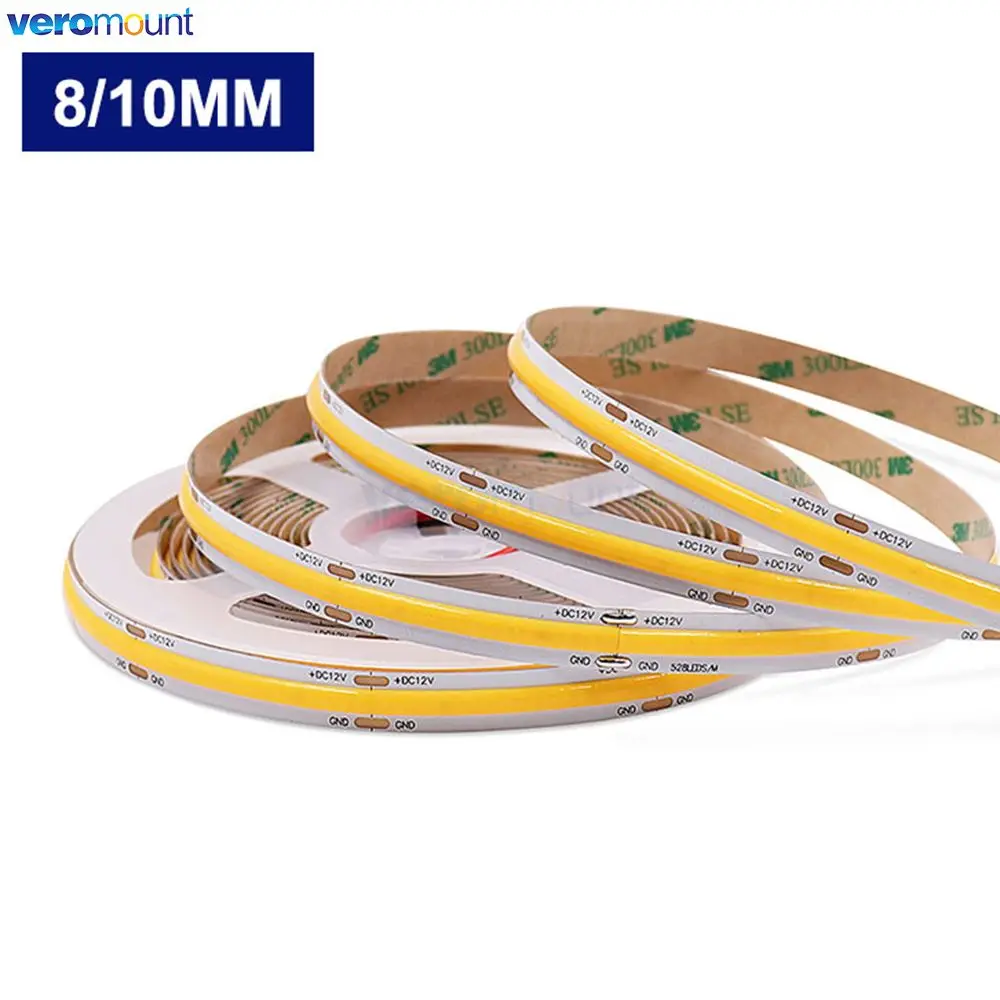 Imagem -04 - Flexível Led Strip Light Bar Pcb Fob Cob Alta Brilhante 320 384 480 528 Leds por m 12v 24v dc mm mm mm 10 mm Largura Ip20