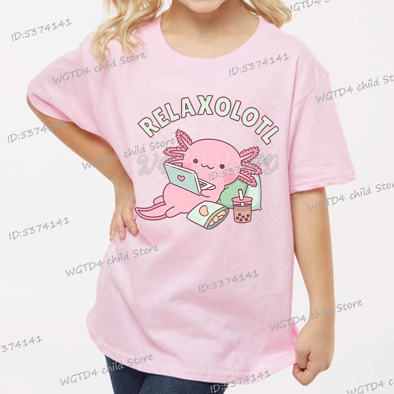 Funny Children's Clothing  Axolotl Love Game Boba Tea T Shirt Boys Girls Summer Short Sleeve T-Shirt Cartoon Cotton Streetwear