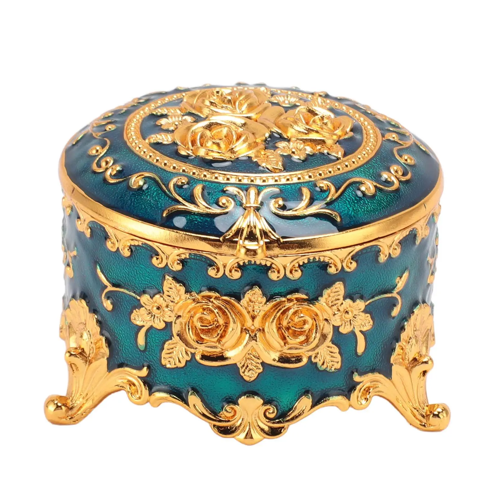 Vintage Metal Jewelry Box Round Exquisite Hand Carved Gold Flower Pattern Trinket Organizer for Ring Earring Necklace