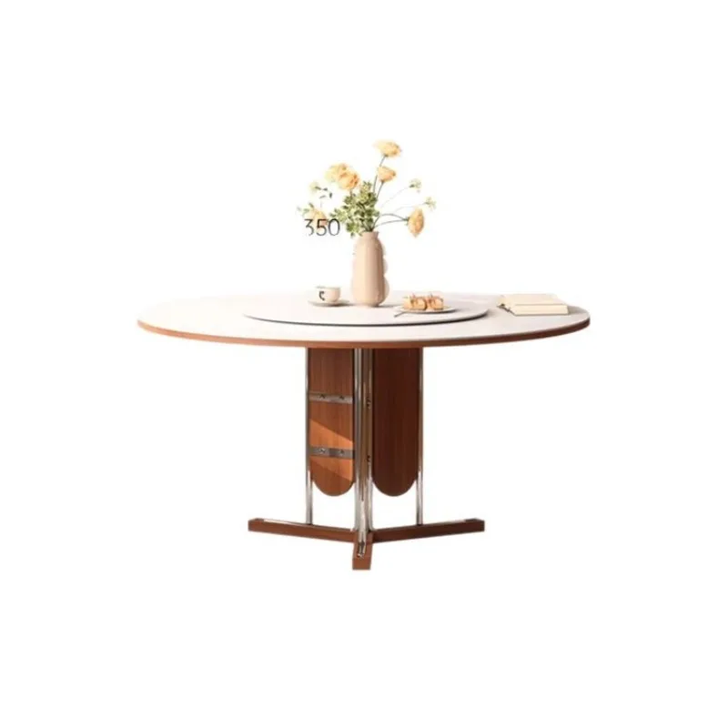 

Solid wood dining table round with turntable household new wabi sandy matte rock slab round table
