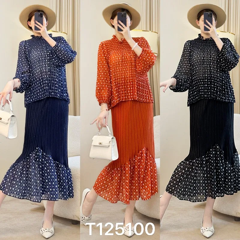 

Miyake Pleated Spliced Printed Skirt Set Plisse 2026 Spring New Elegant Slim Long Sleeve Top + Spliced Printed Fold Long Skirt