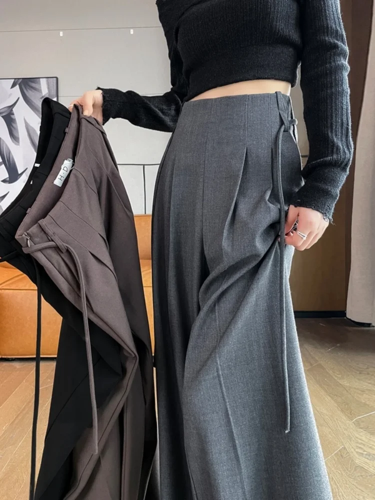 Gray High Waist Draped Loose Straight Leg Trousers Women's Autumn Winter New Style Wide Leg Pants Korean Style Commute Wind