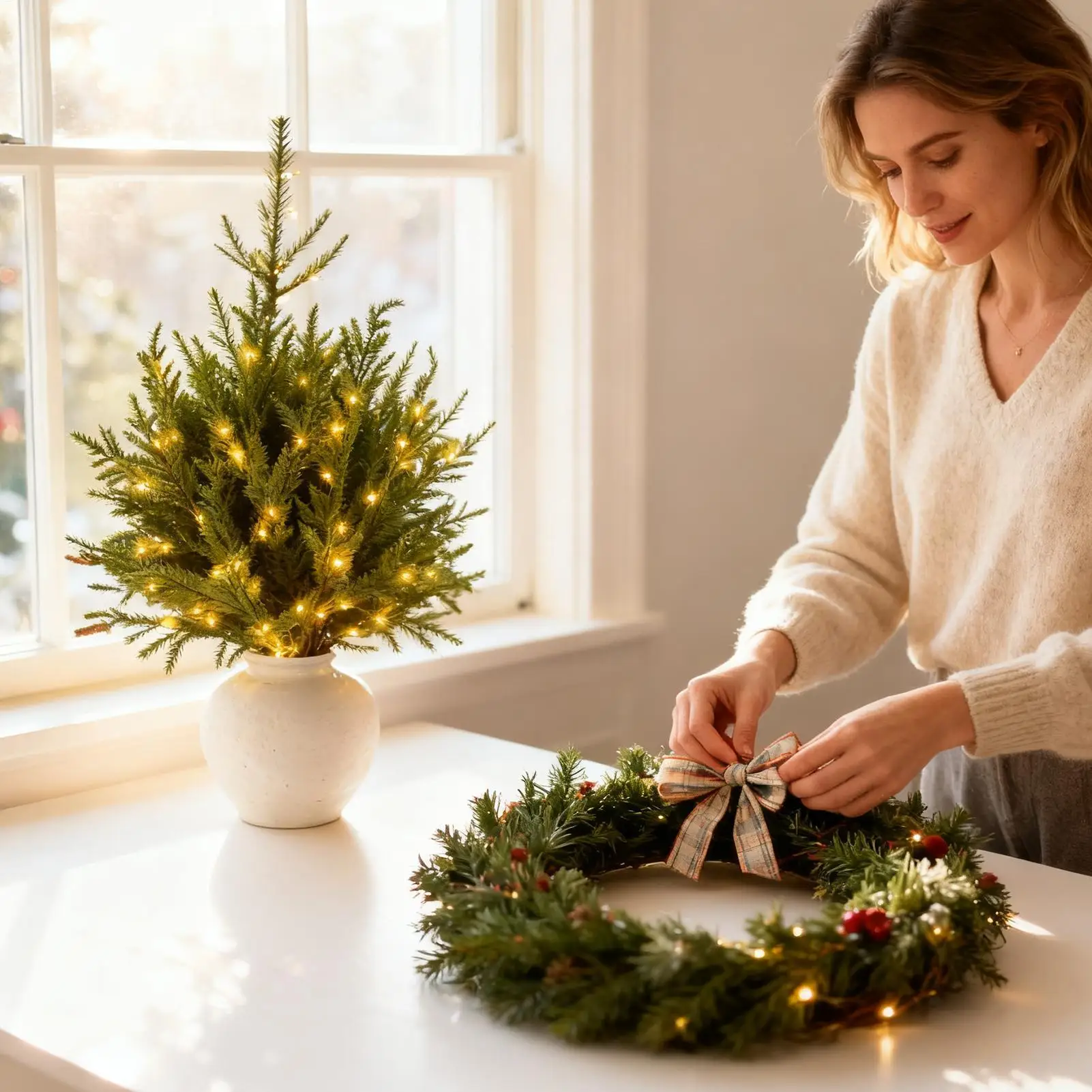 5 قطعة نباتات اصطناعية لعيد الميلاد فروع الصنوبر مع أضواء جذع الصنوبر الشمالي الواقعي للمزهرية الخضرة الاصطناعية طويلة الأمد