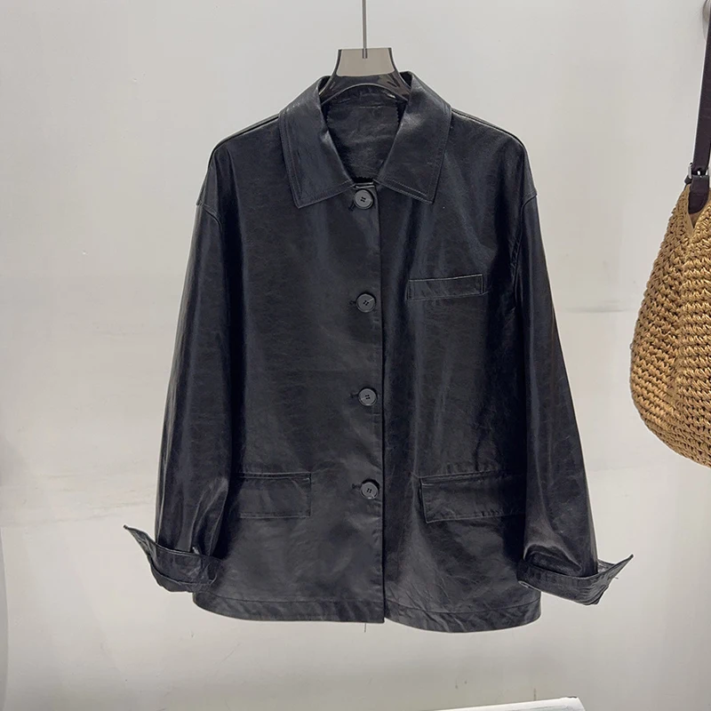 

Кожаный пиджак-блейзер из 100% натуральной кожи для женщин: модный, повседневный, из овечьей кожи с эффектом масляного воска, оверсайз, костюмный жакет из натуральной кожи