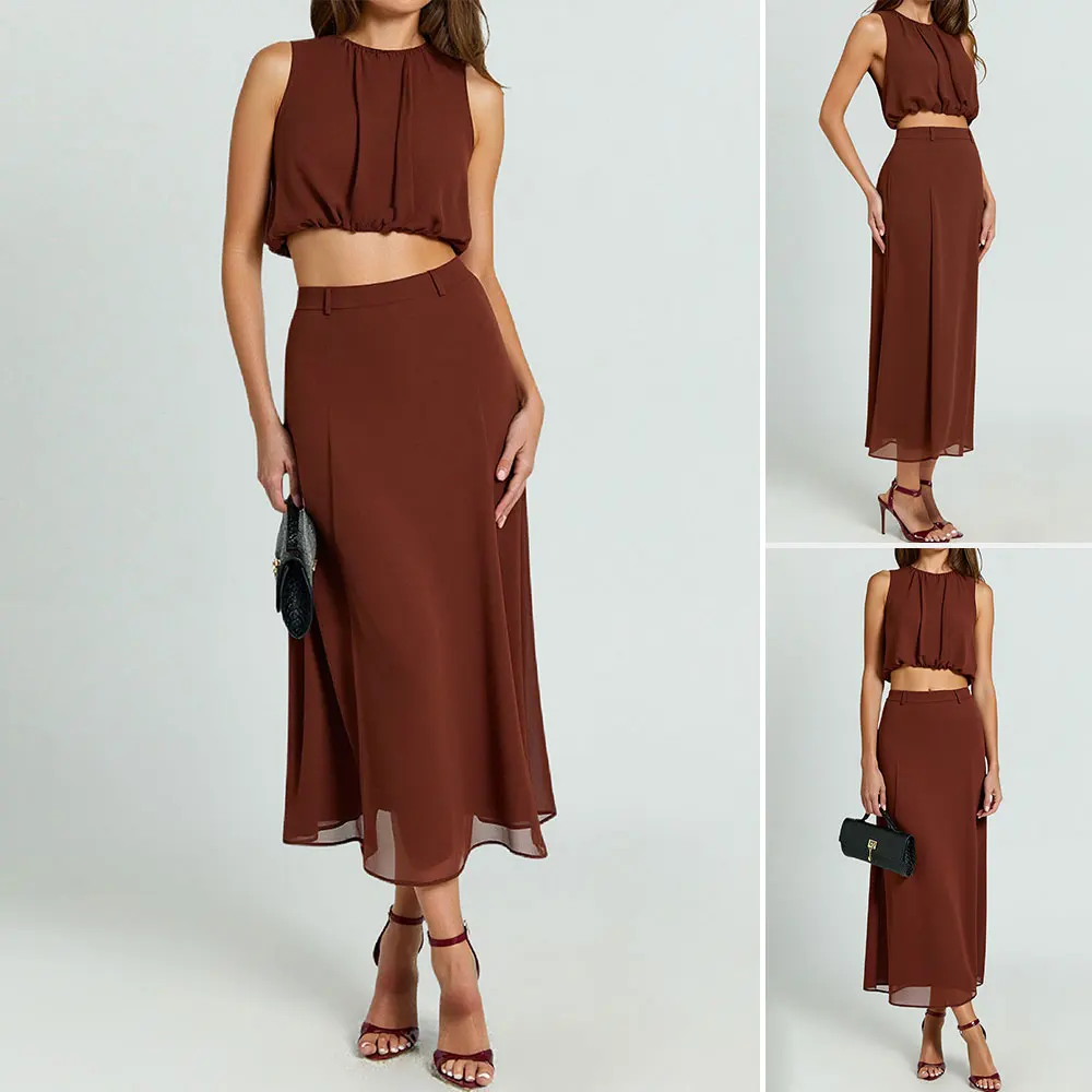 

Бутиковые комплекты Mia Muse, летние элегантные модные однотонные комплекты без рукавов с круглым вырезом и натуральной талией, повседневные комплекты миди с юбкой для женщин