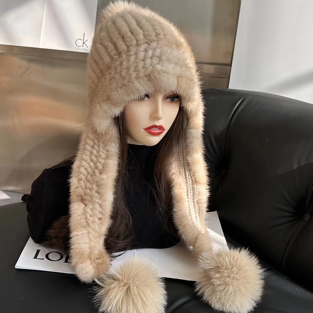 100% Real Mink Fur Hat Women Winter Knitted Beanie Russian Girls Cap With Fox Fur Pompoms Thick Female Cap Elastic Scarf And Hat