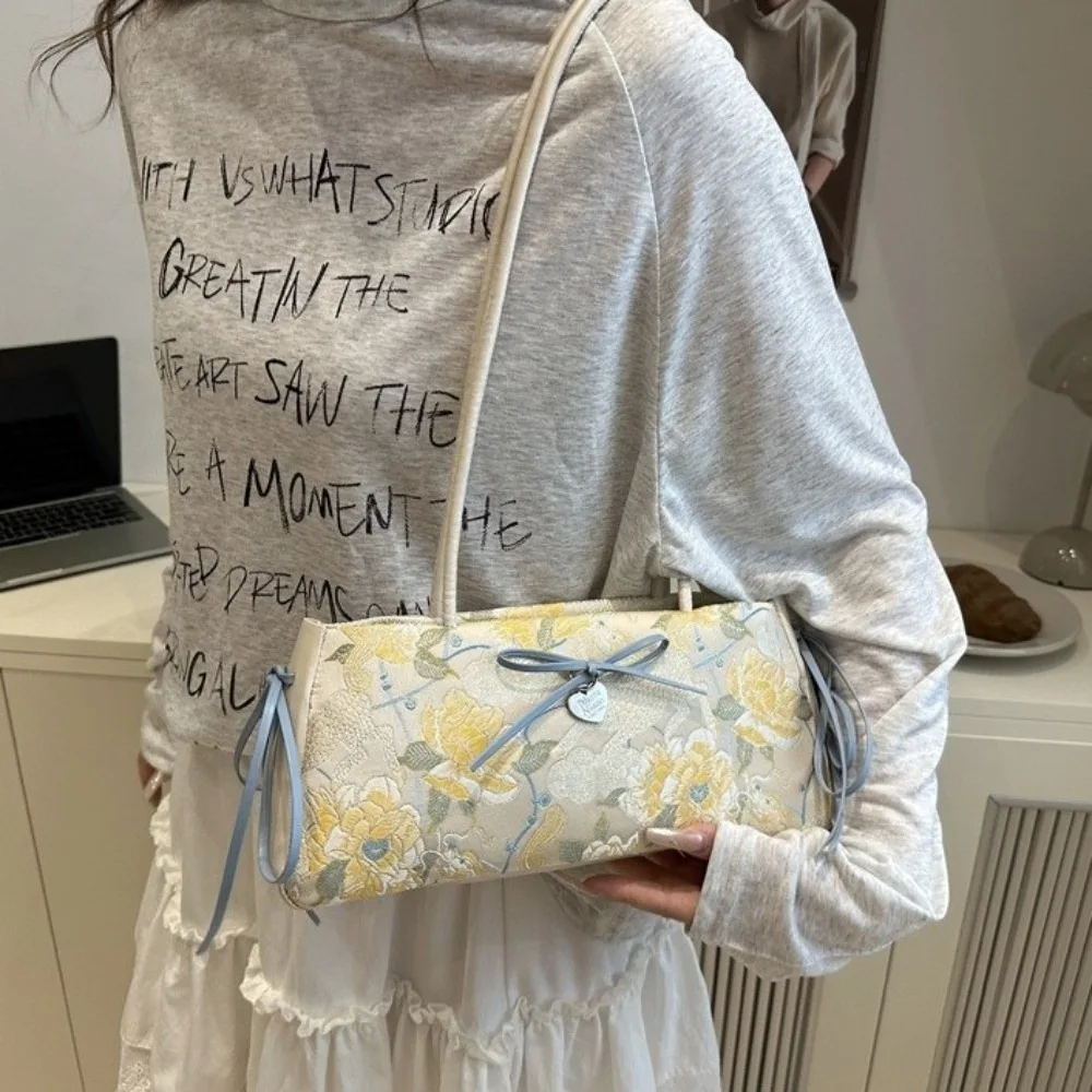 

Shopping Flower French Stick Handbag Cloth Chinese Style Bow Shoulder Bag Ribbon Texture Underarm Bags Daily