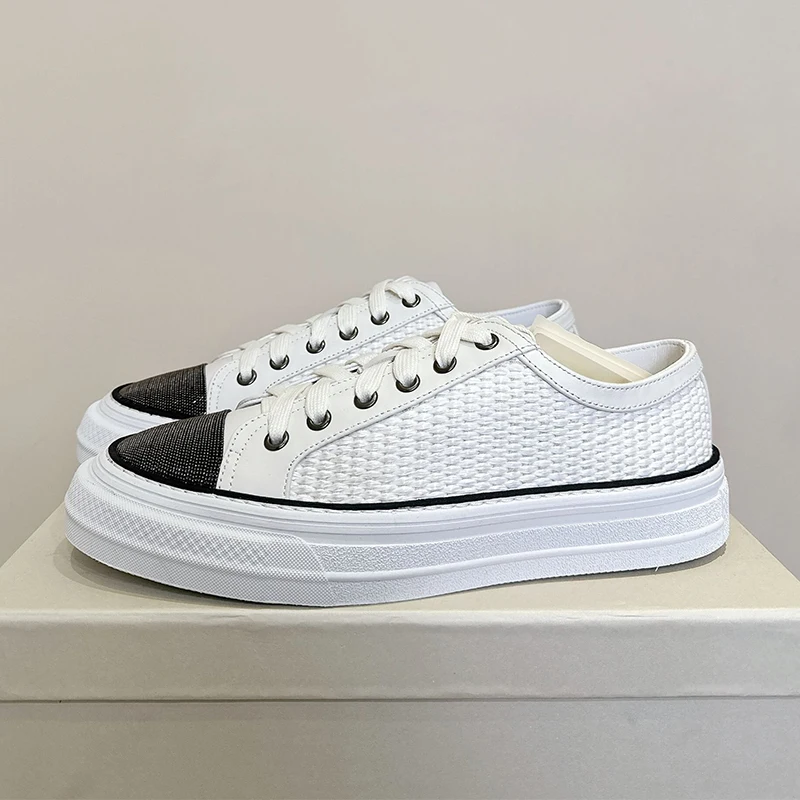 Scarpe basse con fondo spesso con lacci e perline Scarpe casual con design intrecciato in vera pelle Scarpe da passeggio autunnali primaverili unisex