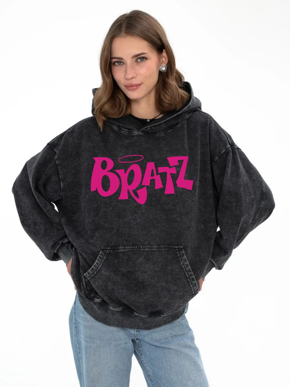 Cotton Womans Acid Wash Hoodies Y2K Pink Bratz Letter Printing Streetwear Oversize Pocket Warm Pullovers Autumn Female Clothes