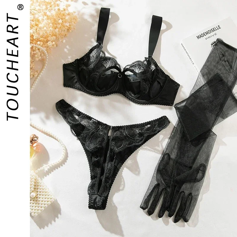 

Toucheart Sexy Lingerie Bra Fancy Lace Hollow Out Intimate Crotchless Panties Sissy Seductive Underwear Women Long Gloves New