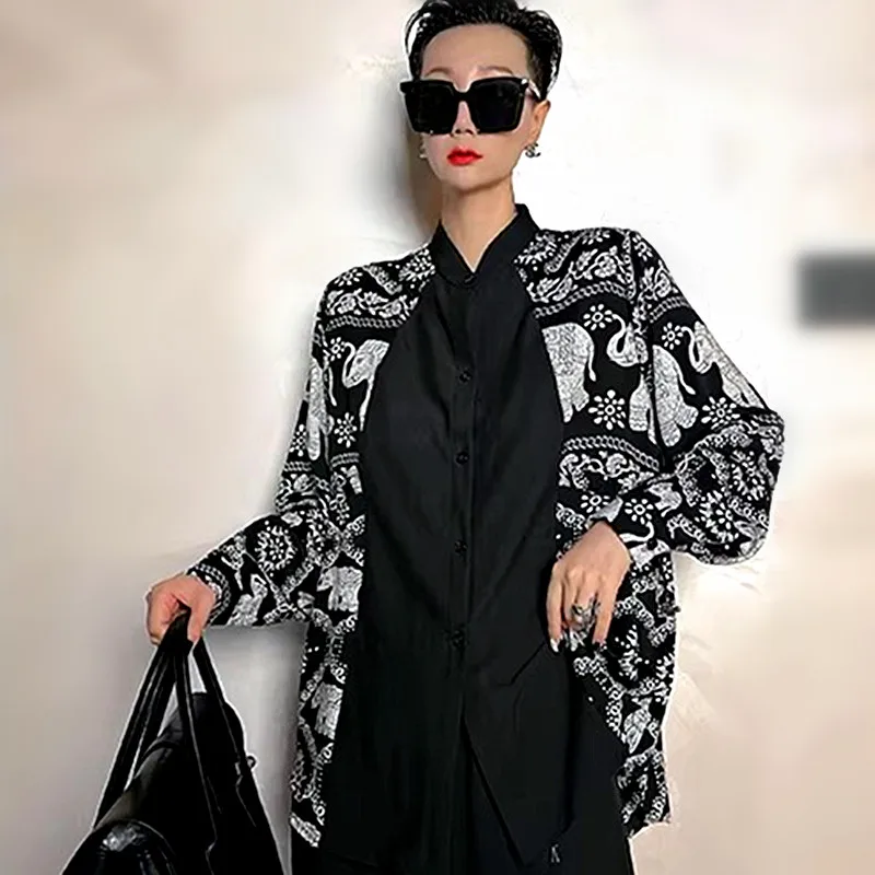 

New Women Black Spliced Patchwork Print Blouse Shirt Designer Vintage Elephant Elegant Party Casual Tops Tunic Woman NZ291