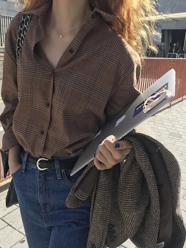 

Женская модная рубашка Candy Miss в корейском стиле, в клетку, с одной пуговицей, коричнево-красная, для повседневной носки, с длинным рукавом, прямого кроя