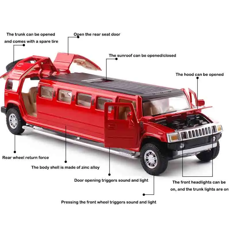 1:32 Alloy Lengthen Hummer Limousine Car Model Metal Diecasts Vehicles With Sound Light Pull Back Car Collection Toys Kids Gifts