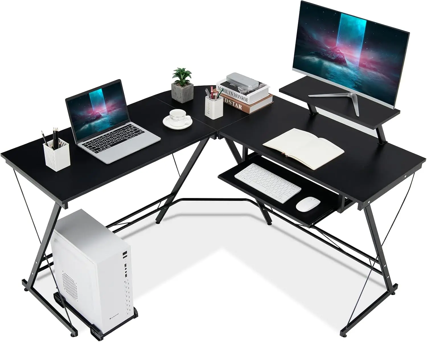 

Home Office Corner Workstation with Movable Host Stand, Removable Monitor Shelf & Pull-Out Keyboard Tray, Study Writing Gaming