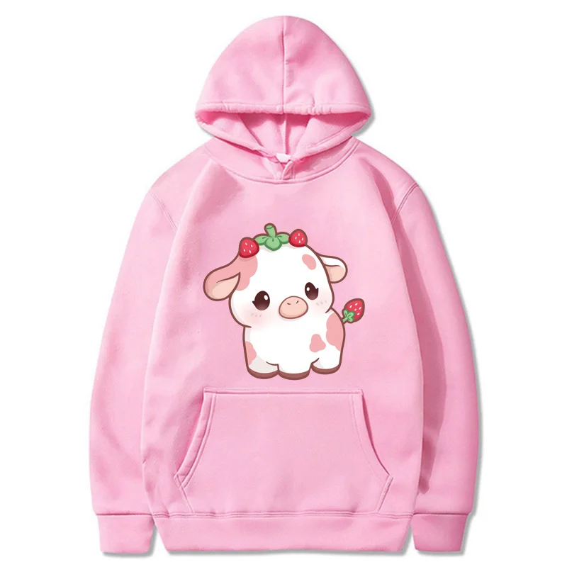 Strawberry Cow Funny Cows Print Hoodies Hip Hop Streetwear Kawaii Women Sweatshirts Spring Autumn Women Pullovers Hoodie