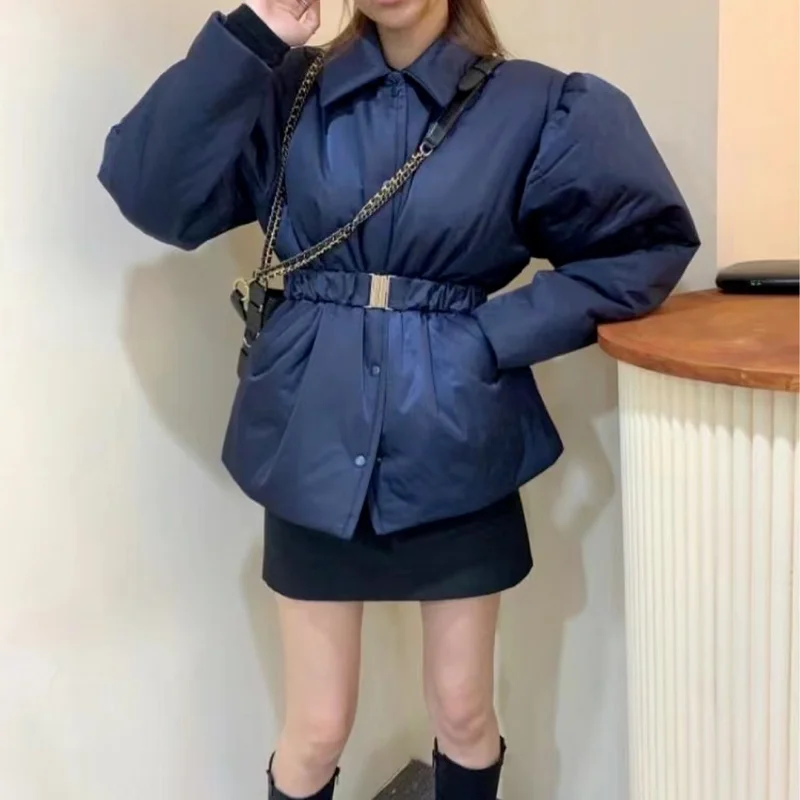 Elegant Temperament Cotton Jacket Autumn and Winter Puff Sleeve Waist Parka Coat Retro Lapel Tie Short Casual Bread Jacket