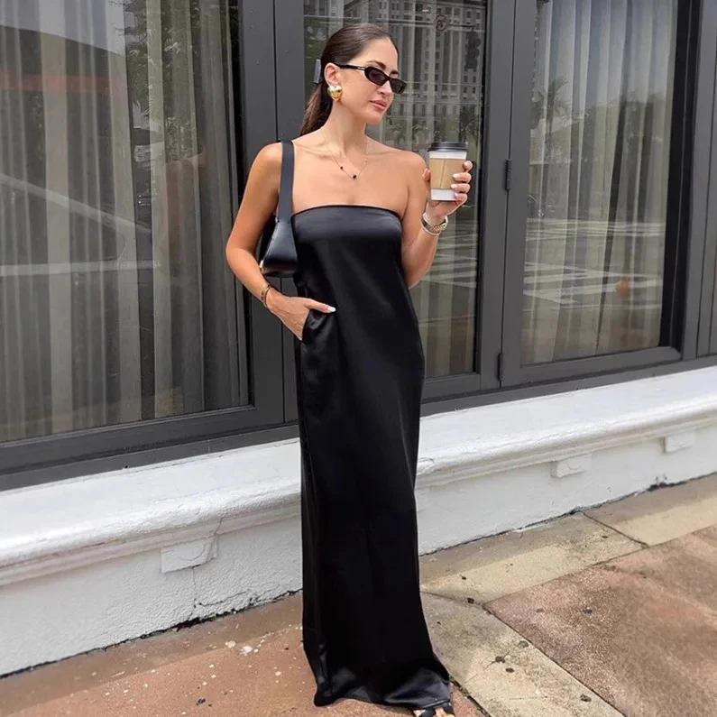 

2026 New Black Satin Strapless Loose Wrap Chest A Line Long Dress Women Fashion Simple Spring Summer Style