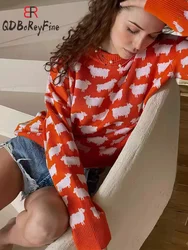 Women's Oversize Sweater Winter Autumn Animal Printed O-Neck Casual Jumpers Knitted Long Sleeve Tops Loose Office Pullovers 2024