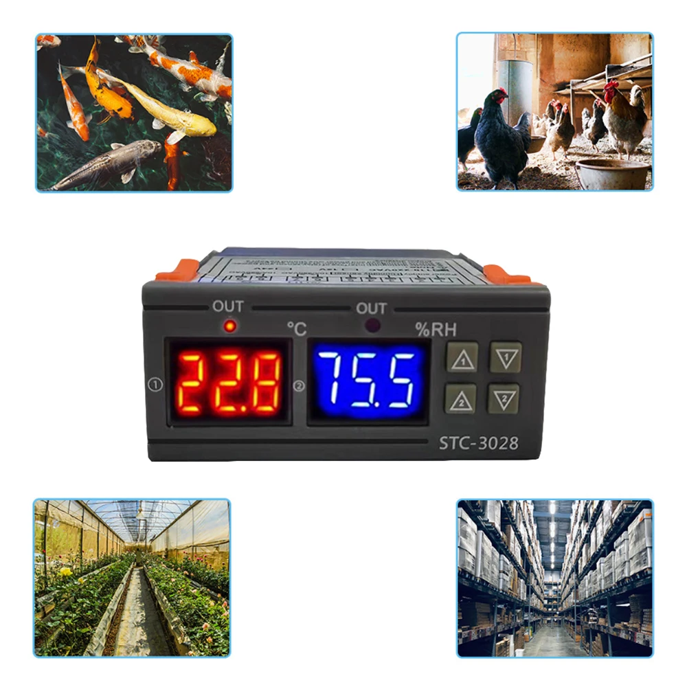 STC-3028 AC 220V DC 12V 24V Dual Digital Thermostat Temperature Humidity Controller Thermometer Hygrometer Incubator Controller