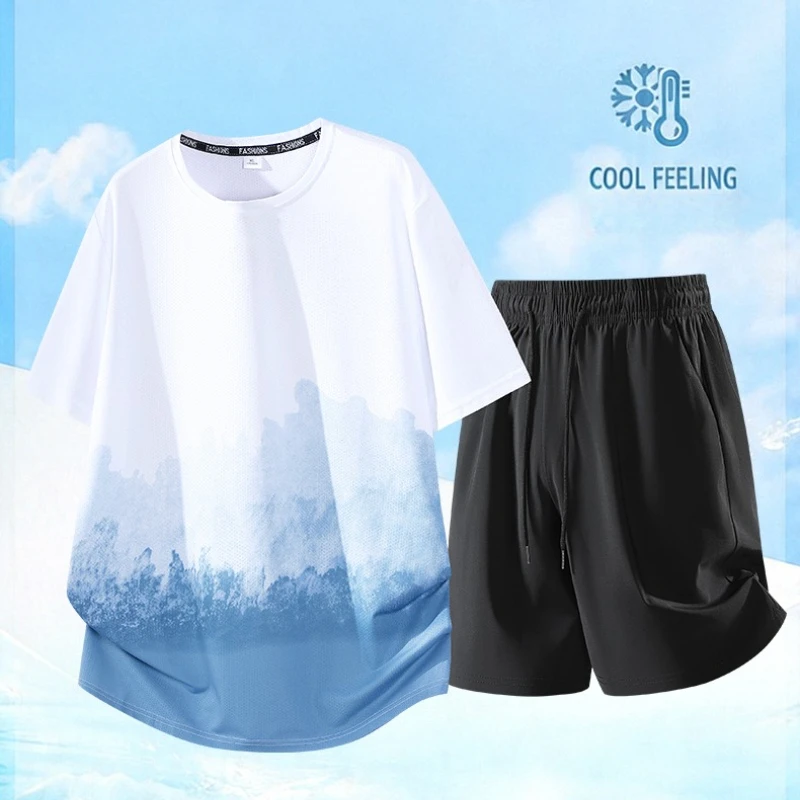 New Men's Ice Silk Fitness Suit Running Short Sleeve T-shirts Sets Brand Gradient Quick Dry Mesh Breathable Summer Tracksuit Man